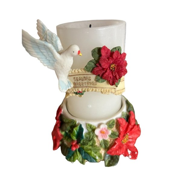 Vintage Poinsettia Floral Pillar Candle Holder w/Seasons Greetings add-on Dove** - Picture 2 of 14